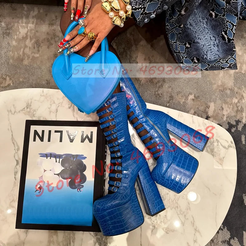 Blue Strappy Platform Mid Calf Boots Women Spring Crocodile Print Round Toe Boots Ladies 14 Buckle Straps Chunky High Heel Shoes