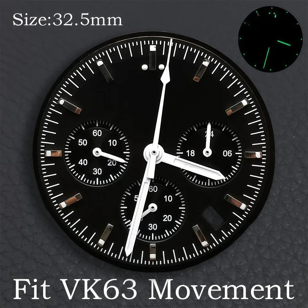 32.5MM Dial Fit VK63 Movement Green Luminous Dial Hands Men's Watches Part VK63 Watch Accessories Maintenance Tools
