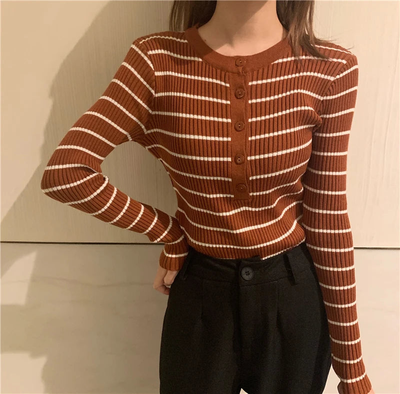 ITOOLIN Women Stripes O-neck Buttoned Up Sweaters Long Sleeve Knitted Sweater Slim Women Jumpers Tops Autumn Winter One Size