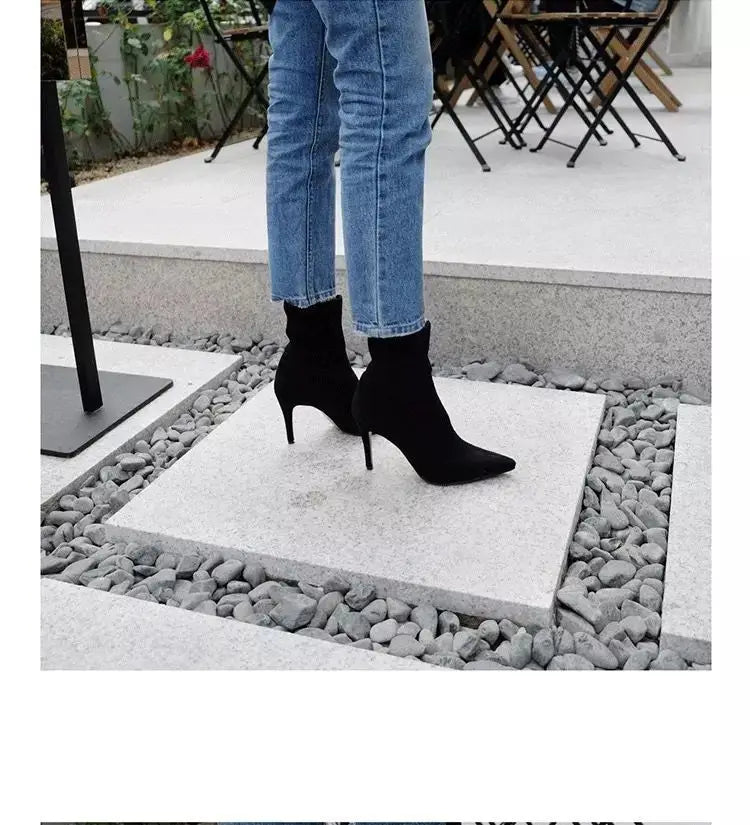 Comemore 2021 Autumn Winter High Heel Women's Shoes Pointed Toe Stiletto Ankle Boots Stockings Black Girls' Socks Boots Dress 34