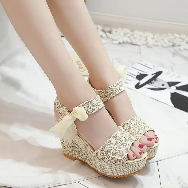 Summer New Fashion Slope Heel Fish Mouth Women's Sandals Party Lace Lace Strap Waterproof Platform Thick soled High Heels