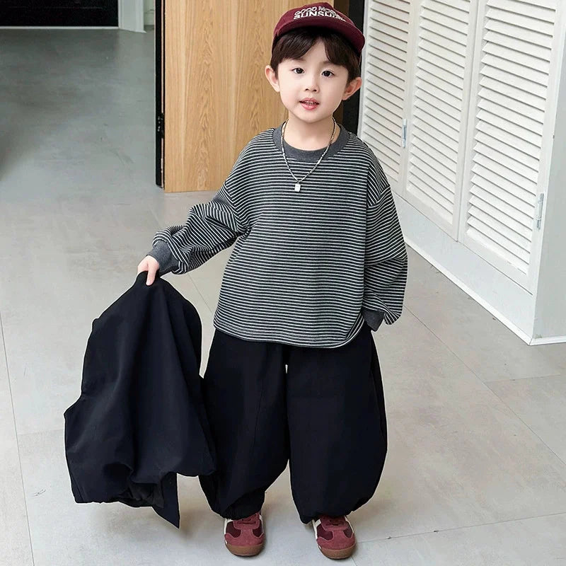 Boys' Fashion Set Spring Girls' Suit Children's Striped Top Vest  Trousers 3Pcs New Kids Casual Loose Outfits Autumn Clothing