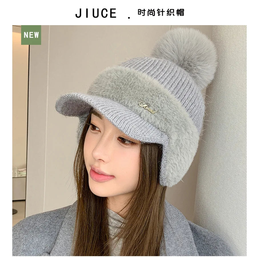 Winter Caps Patchwork Mink Fur Ear Protection Plush Hat Fashionable Solid Color Simple Wool Ball Knitted Hat For Women Cap BAZAARHUBO