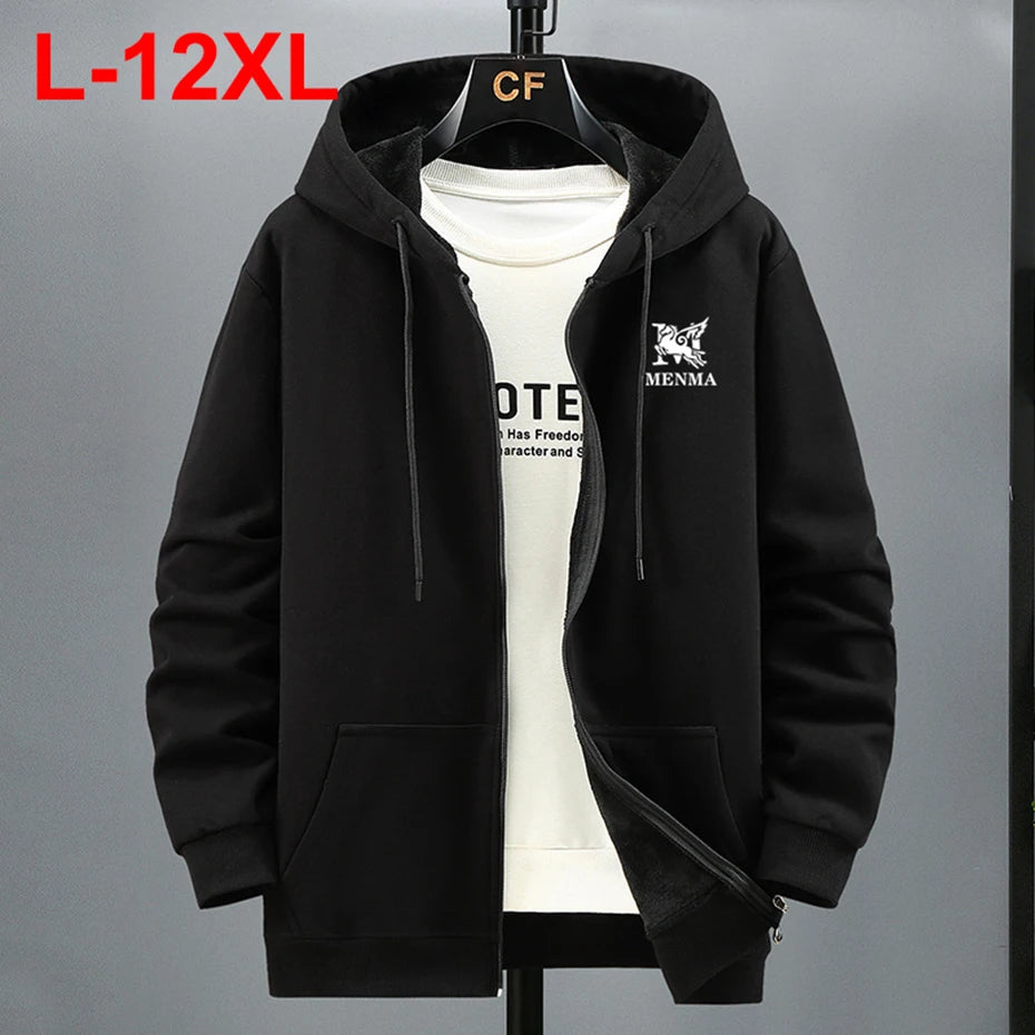 Men's Plus Size Hoodies Jacket Winter Fleece Warm Hooded Sweatshirt Big Size 12XL Coat Man Casual Loose Hoodie 10XL 9XL