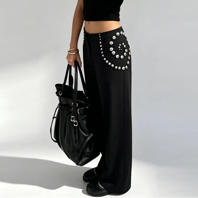 Studs Women Pants Solid Color Pants with Spiral Arranged Studs High Waist Straight Leg Pants Stylish Ladies Outfit  Street Style