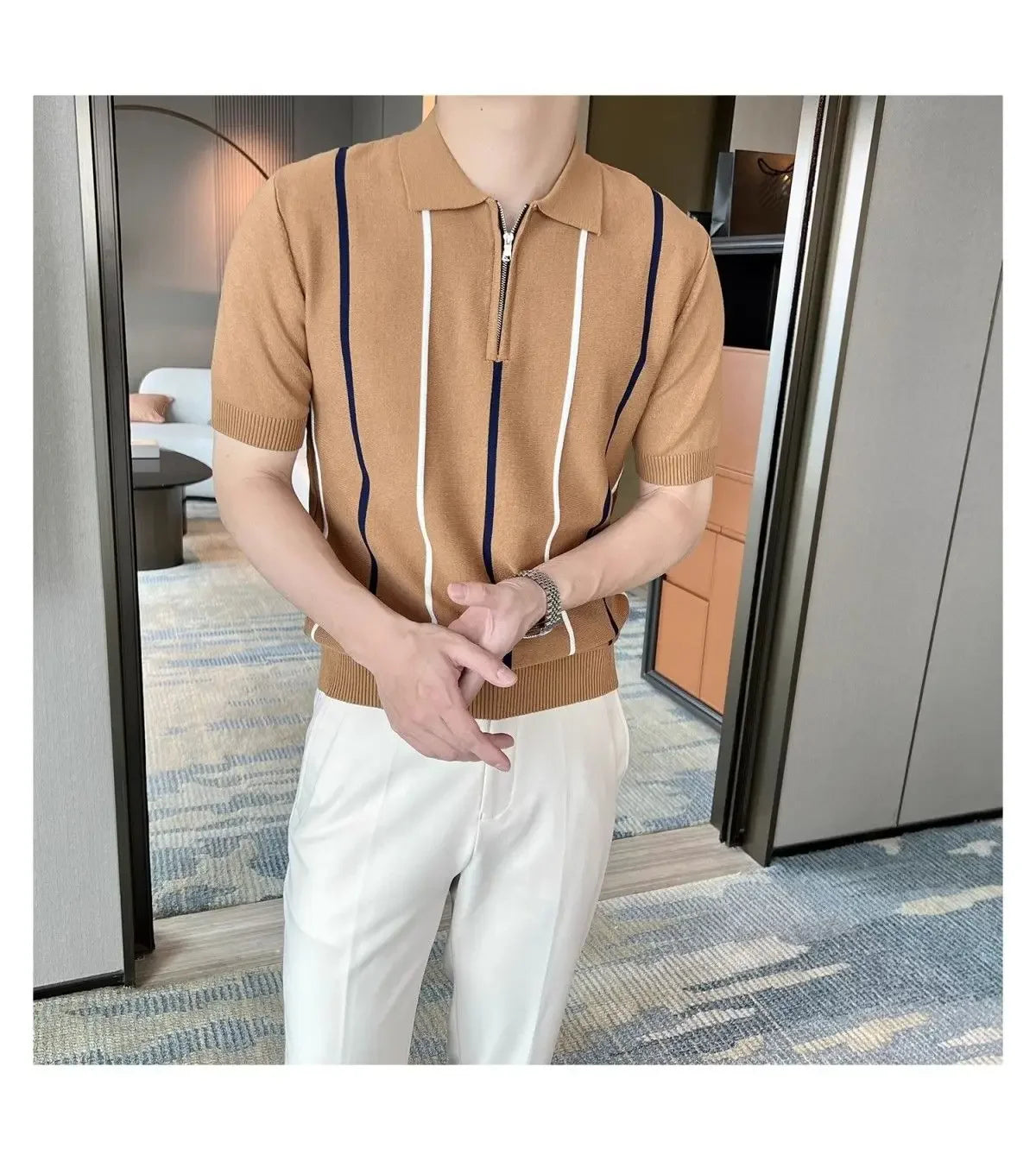 High-end Short-sleeved Men's British Retro Striped Slim Lapel Knitted Contrasting T-shirt 1/2 Pieces