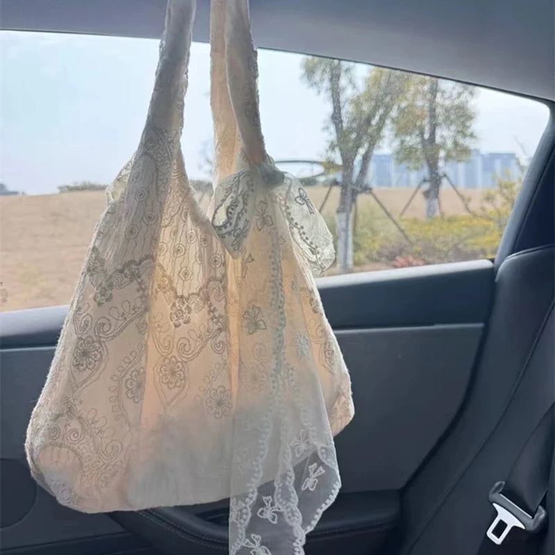 Korean Style Fresh Lace Flower Canvas Tote Bag Women's Large Capacity Single Shoulder Commuter Armpit Bag College Style