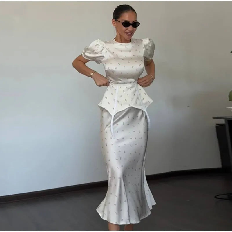 Women's White Floral Print Puff Sleeve Dress With Waistband Fashion Satin Ruffled Hem Maxi Dress Lady 2026 Elegant Party Robes