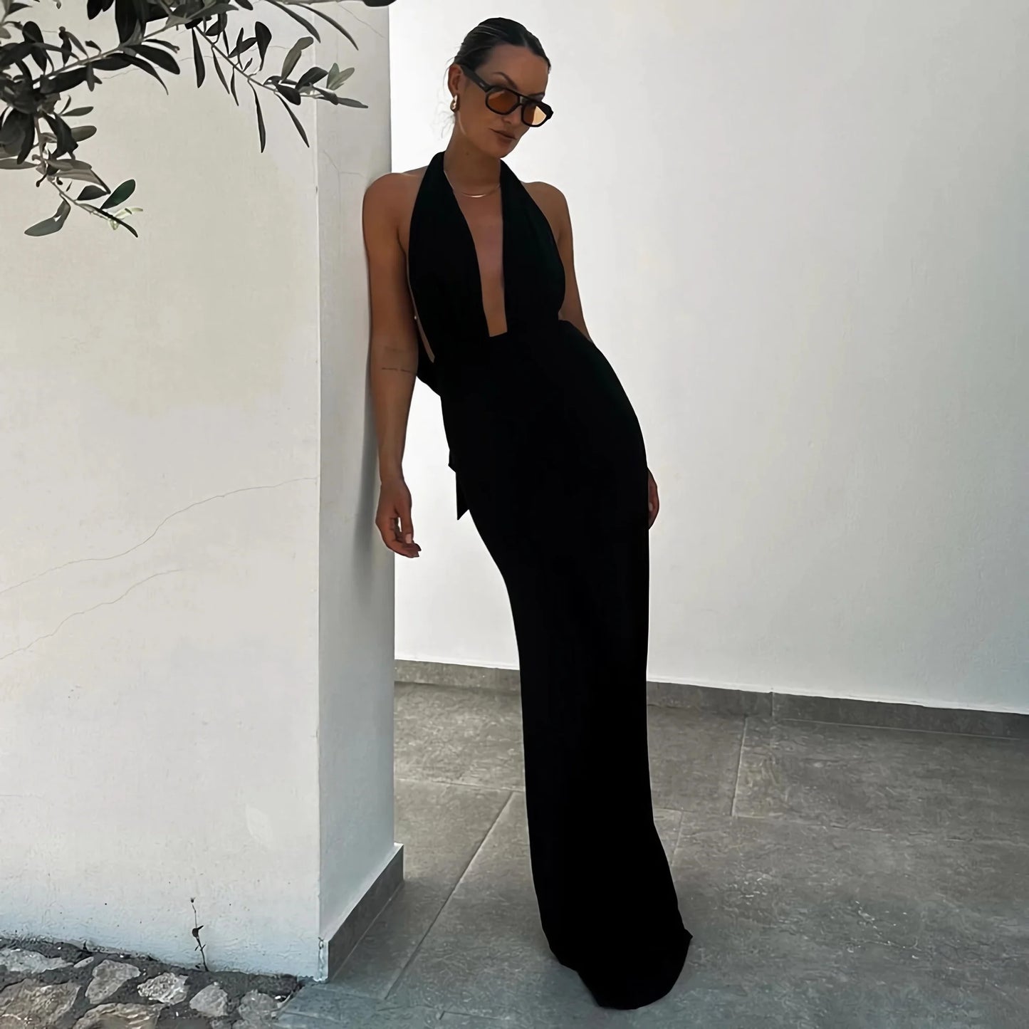 Long Dresses Women Elegant Shinny Deep V Midi Dress Female Sleeveless Backless Long Vestidos Lady Party Club Evening Robes