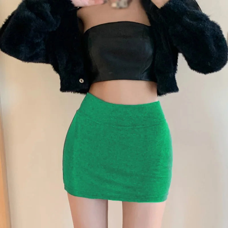 Women High Waist Skirt Elastic Waist Korean Style Solid Color Knee Length