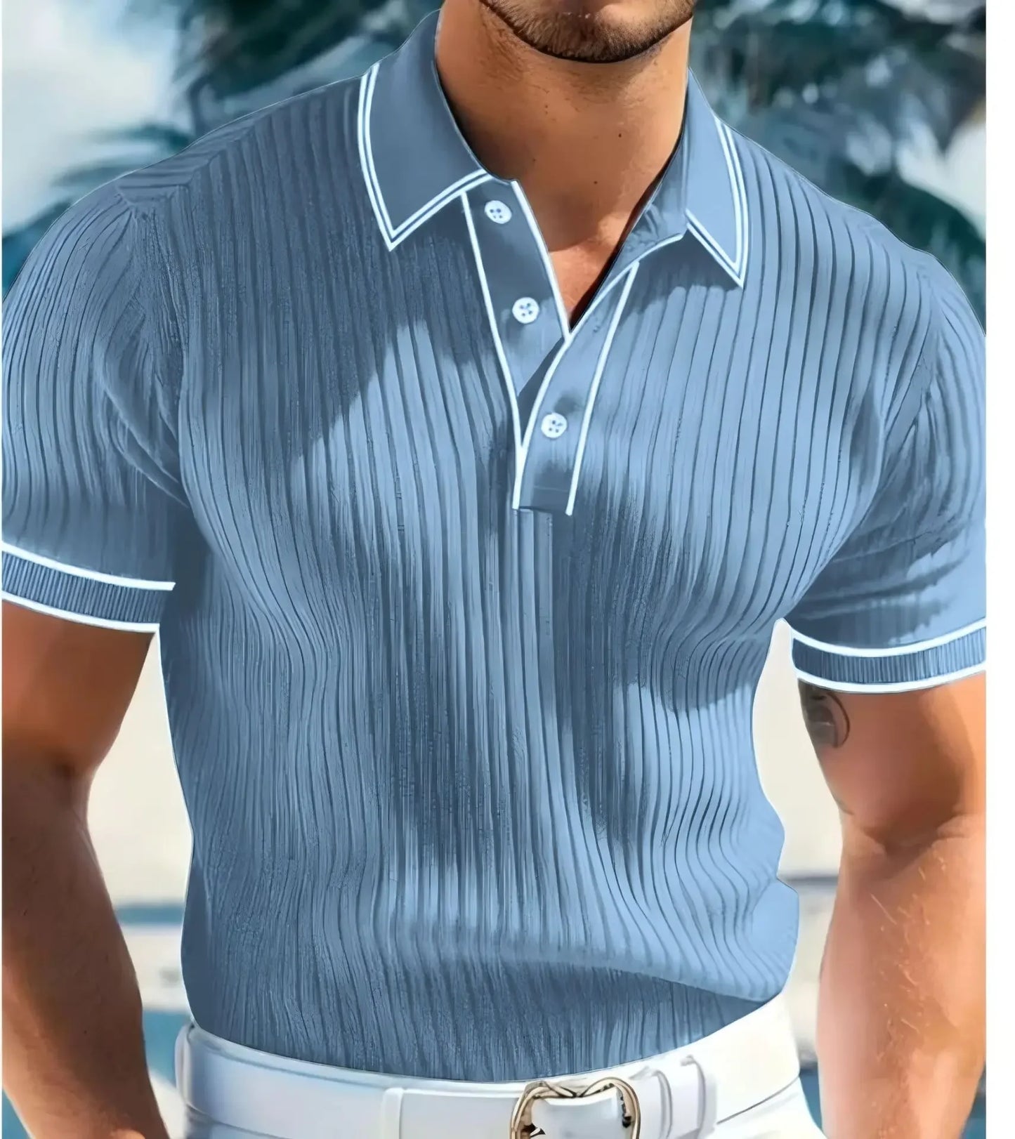 New Men's Short Sleeved Summer Color Blocked Striped Lapel Polo Shirt for Summer