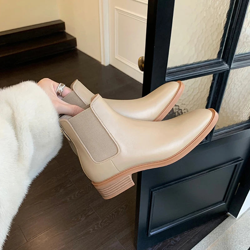 2026 Autumn/Winter Ankle Boots Women Basic Chelsea Botas Mujer Low Thick Heels Short Booties PU Leather Slip On Stretch Botines