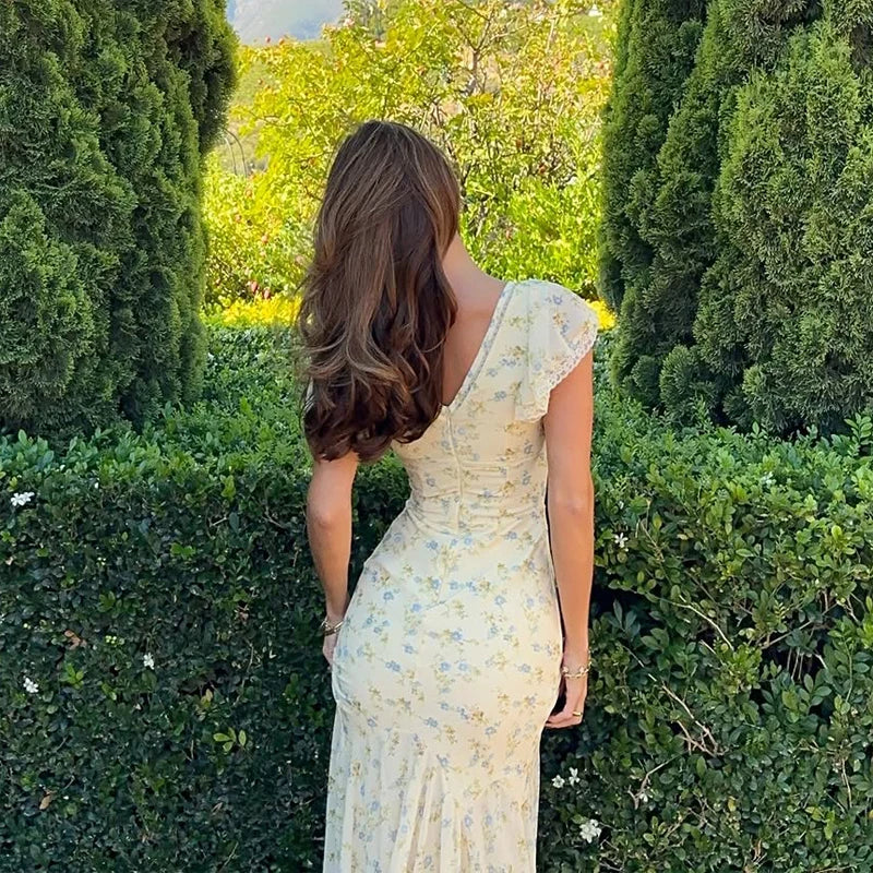 Vintage Print High Neck Midi Dress Belted Waist Bell Sleeve Flared Hem 2026 Summer Spring Chic Women Elegant Wedding Guest Gown