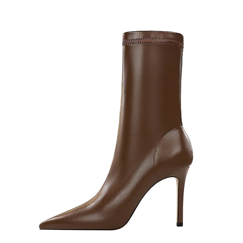 Eilyken Fashion Winter High Quality Soft PU Leather Socks Women Ankle Boots Street Style Pointed Toe Thin Heels Ladies Botines