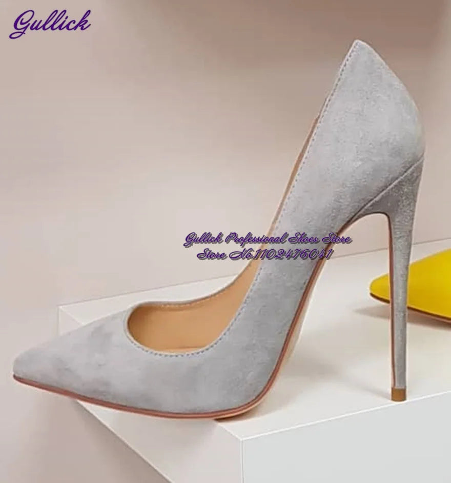 Gullick Women Hot Pink Suede High Heel Shoes 12Cm 10Cm 8Cm Stilettos Slip-On Pointed Toe Wedding Shoes Shallow Pumps Size45