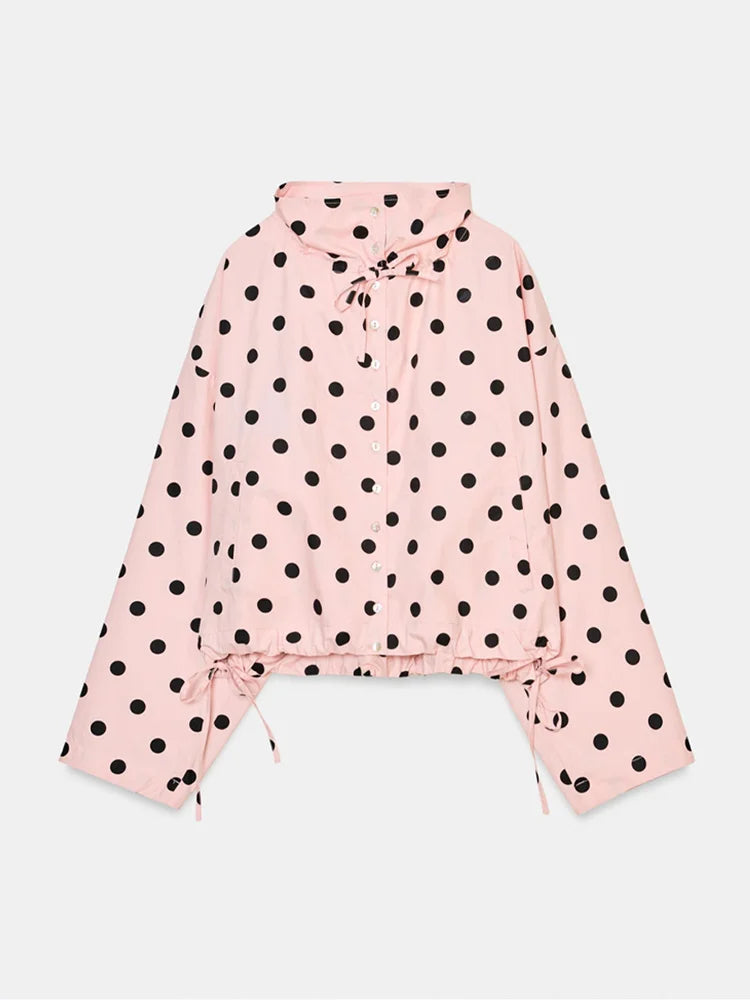 Chic Polka Dot High Neck Short Jacket For Women Long Sleeve Loose Lace Up Coat Commuter Casual Outwears 2026 New Lady Streetwear