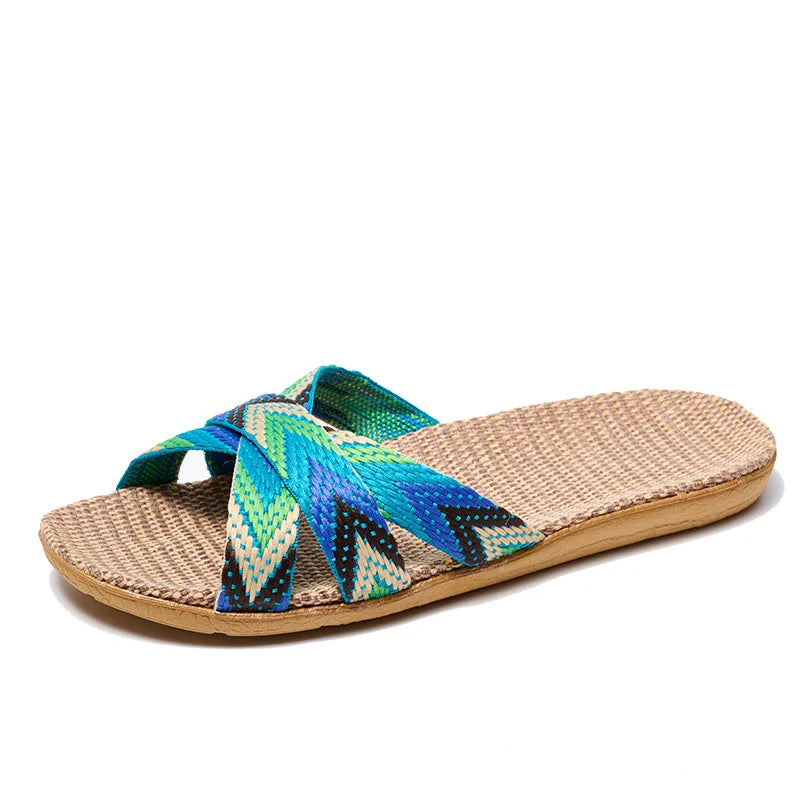 Summer Women Linen Slippers Home Ladies Lightweight Indoor Anti Slip Shoes Thick Sole Beach Slides Bohemian Style