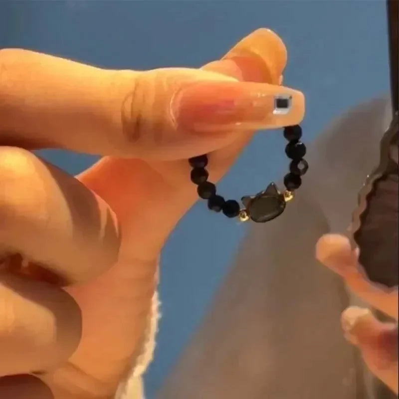 2pcs Natural Moonstone Obsidian Rings Beads Minimalist Fidget Ring Cute Black White Cat Ring Women Men Party Accessories Jewelry