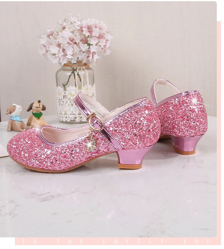 Classic Children High Heels Leather Shoes Fashion Sequins Elegant Kids Girls Wedding Shoes Princess Party Dress Single Shoes