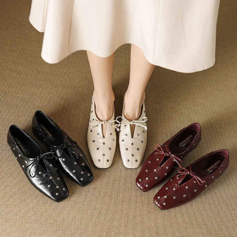 Dilalula 2025 Spring Genuine Leather Rivet Pumps Women Lace Up Low Thick Heels Soft Back Young Women Leather Leisure Pumps