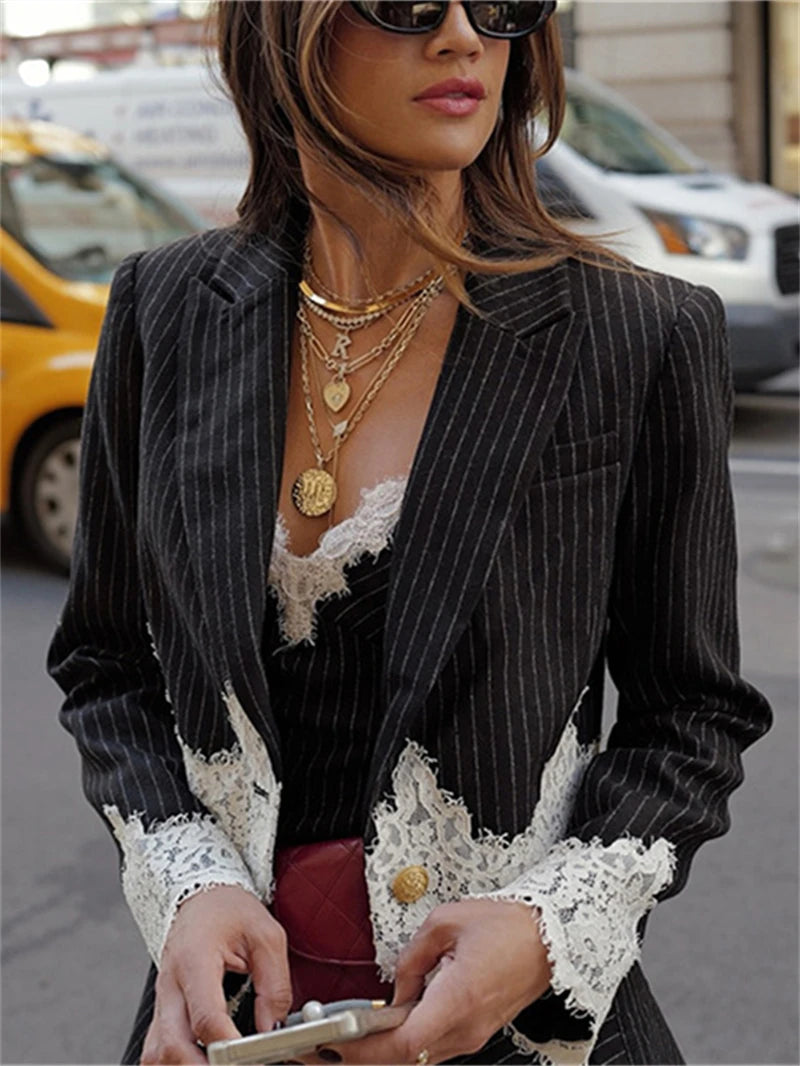 Fashion Striped 2 Piece Sets Women Outfit Spring Clothing Women Lace Patchwork Blazer V-Neck Mini Dress Sets Two Piece Woman Set