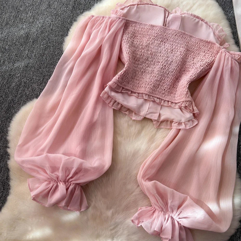 Chiffon Blouse for Women Slash Neck Off Shoulder Solid Color Camisas Ruffles Folds Backless Summer Blusas De Mujer Chic Dropship