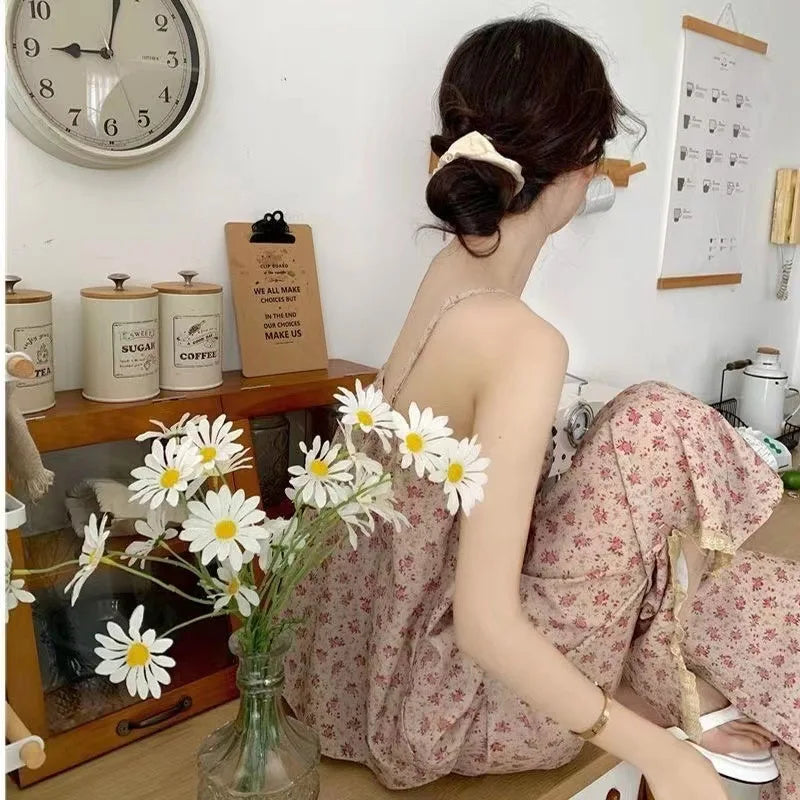 New Summer Vintage Floral Print Pajama Set with Padded Straps and Long Pants for Girls – Women's Summer Loungewear and Sleepwear