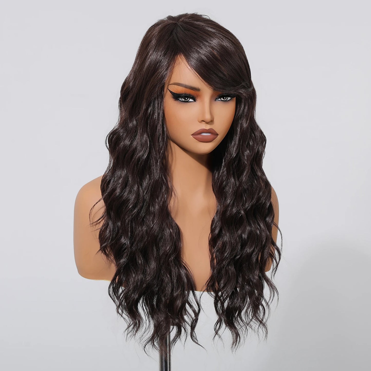 EASIHAIR Dark Brown Long Curly Synthetic Wig with Bangs Brown Women's Wigs for Cosplay Daily Use Heat Resistant Natural Hair