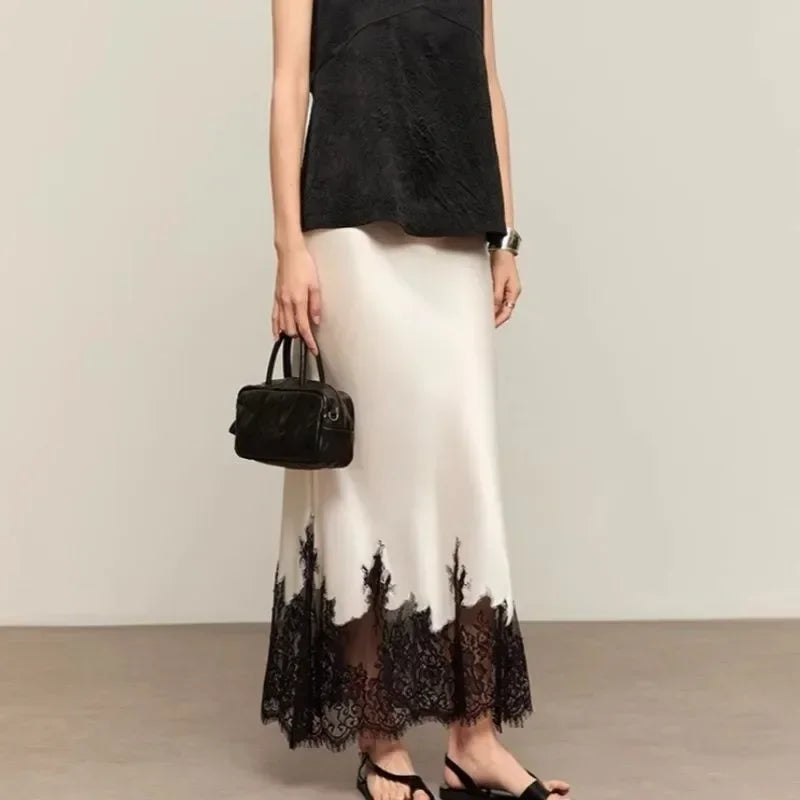 Elegant Lace-Trim Satin Midi Skirt Women Summer High Wasit Wrapped Hip Slim Long Skirts Fairy Fashion Office Women Clothing New