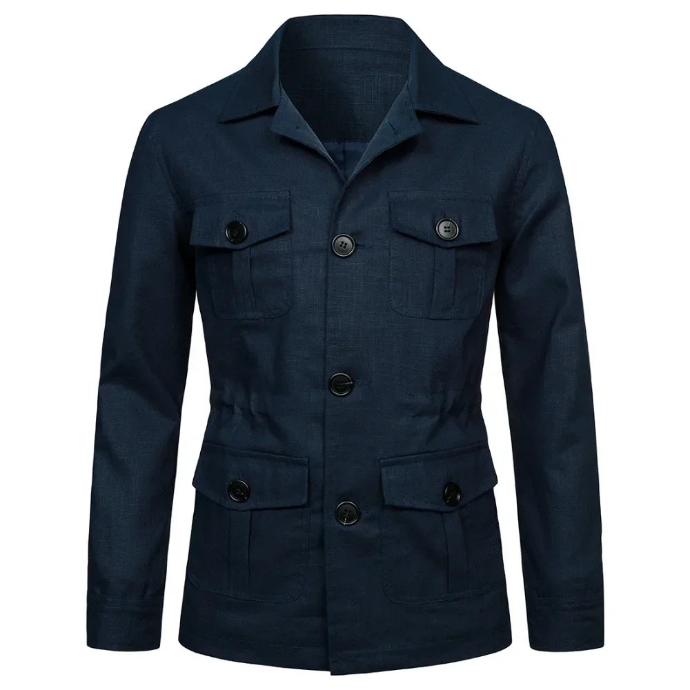 Mens Coats Safari Jacket Linen British Retro Gentry Suit Pockets Outerwear Fashion Solid Color Male Tops Ropa Hombre