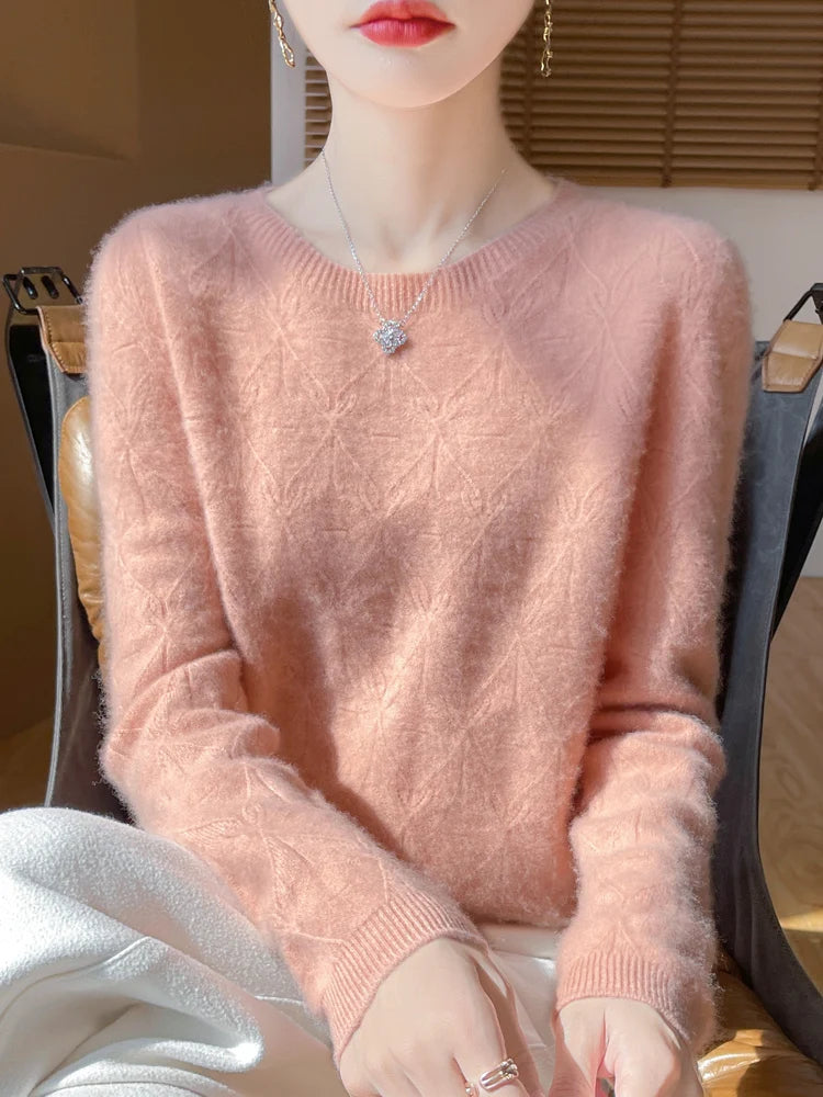 Women 100% Merino Wool Sweater Casual Hollow out Cashmere Blouse O-neck Pullover Tops Autumn Winter Warm Knit Woman Wool Sweater