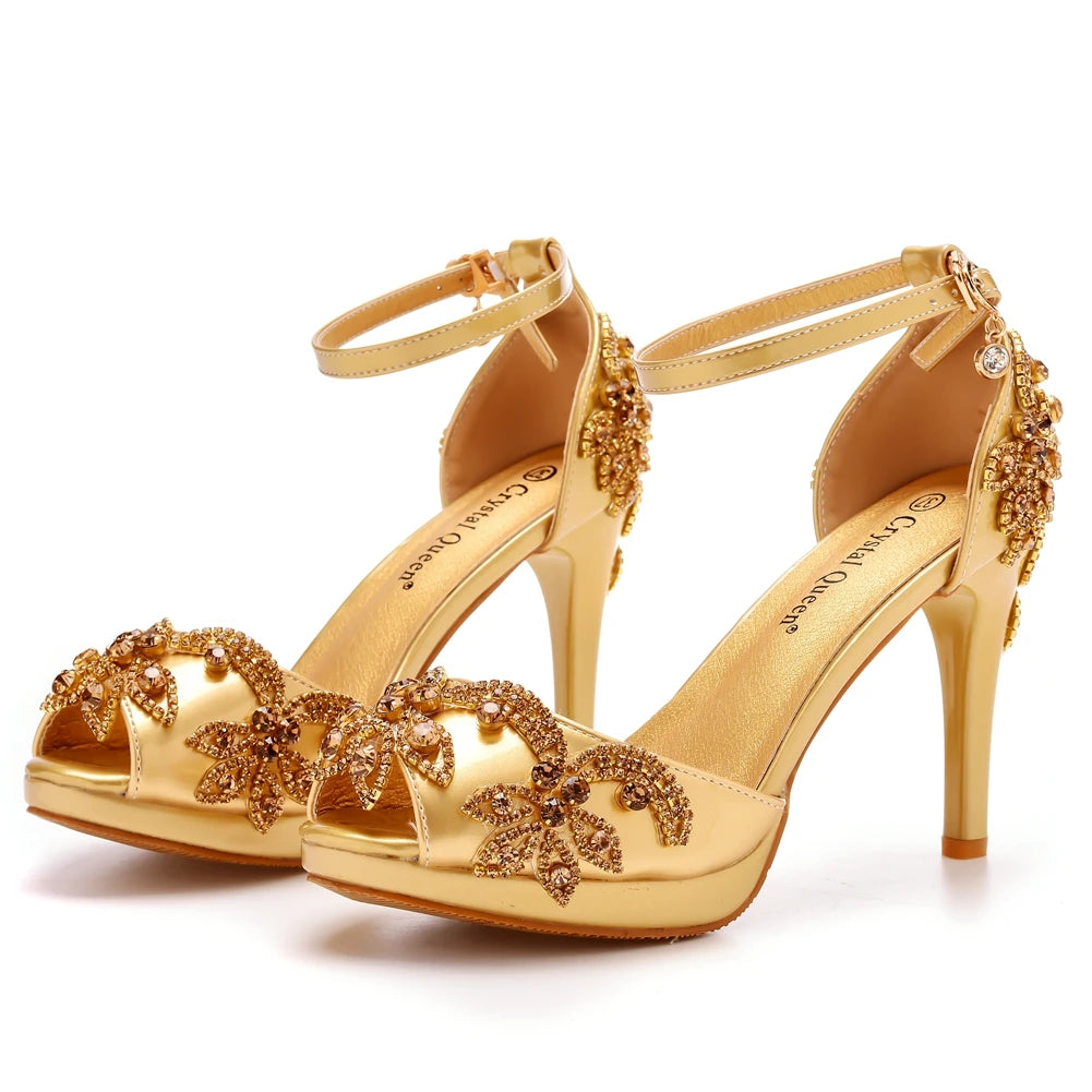 Women Wedding Shoes Bride Sandals White Rhinestones Silver Platform Dress Thin High Heels Ladies Pumps