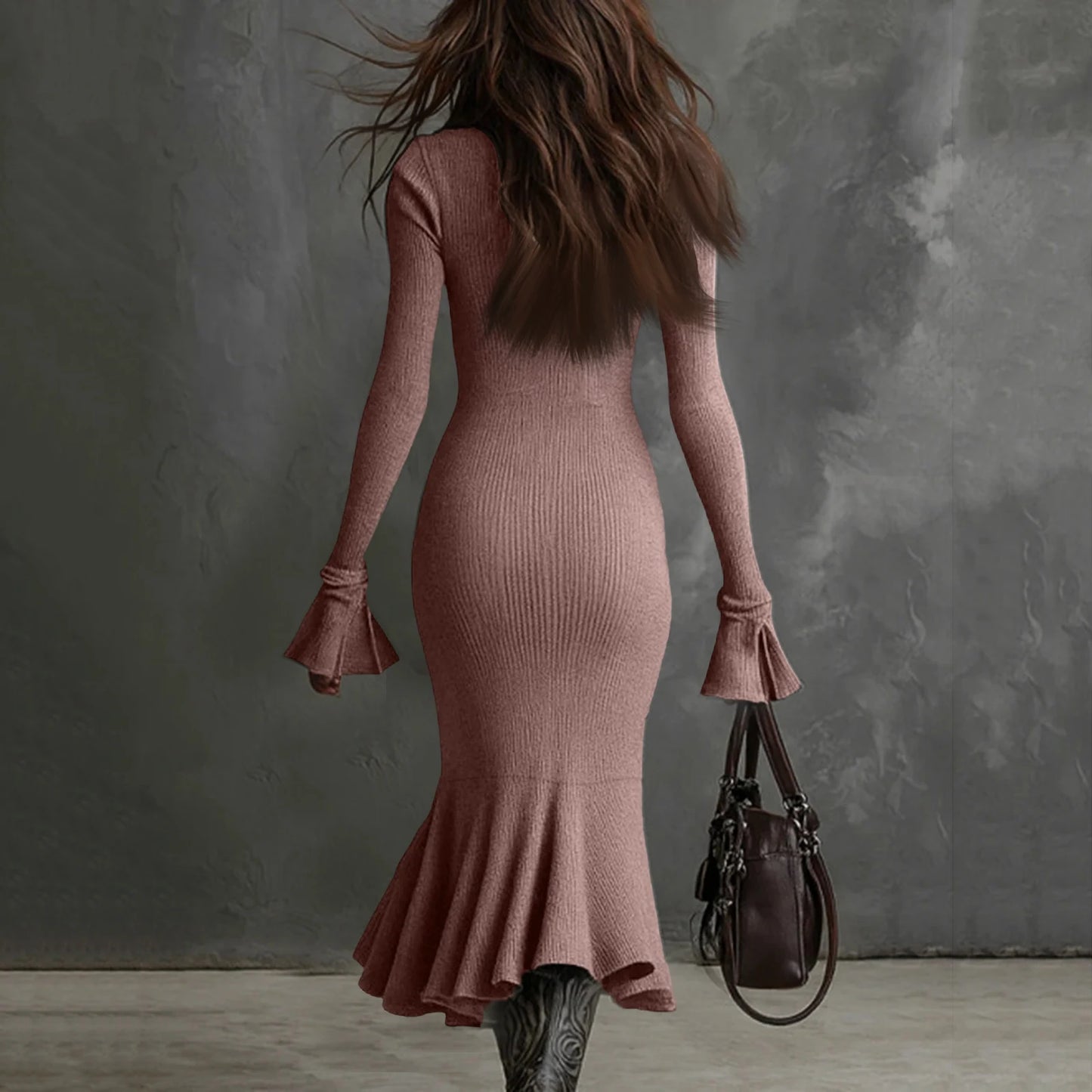 Fall Winter Sweater Dress Quarter Zip Bell Sleeve Mermaid Knit Bodycon Long Dress Trendy Chic Slim Fit Flared Hem Party Dress