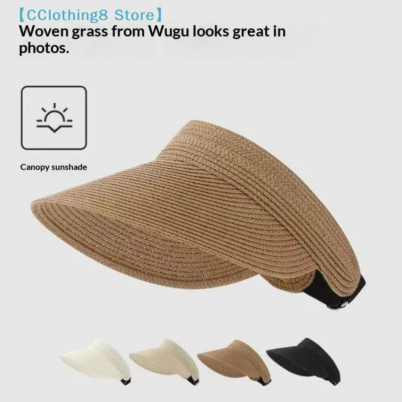 UPF50+ Wide Brim Visor Hat For Women Straw Beach Sun Visor Foldable Ponytail With UV Protection Straw Hat Beach Hats【AliS8】 BAZAARHUBO