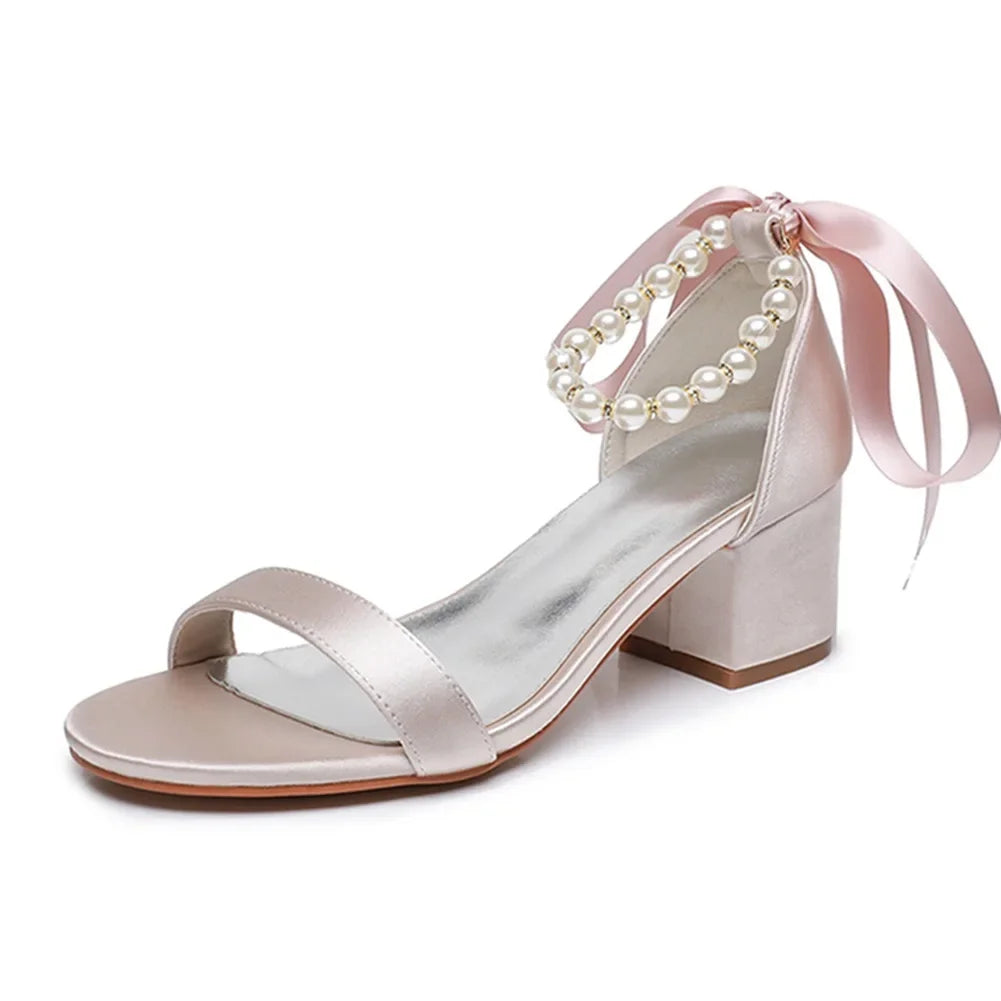 String Bead Sandals for Women Summer Peep Toe Sandals Ladies Fashion Ribbon Bow Thick High Heels Sexy Wedges Wedding Shoes 35-43