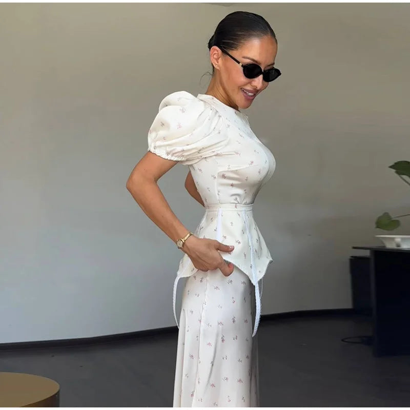 Women's White Floral Print Puff Sleeve Dress With Waistband Fashion Satin Ruffled Hem Maxi Dress Lady 2026 Elegant Party Robes