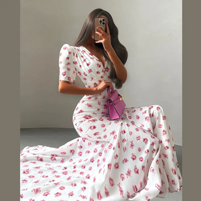 Print Chiffon Long Dress Women V Neck Half Sleeves High Waist Ruffles Belts Split Robe Female 2026 Summer Chic Vacation Dresses