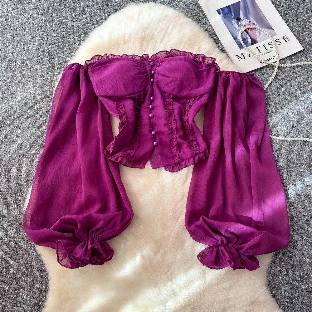 Chiffon Blouse for Women Slash Neck Off Shoulder Solid Color Camisas Ruffles Folds Backless Summer Blusas De Mujer Chic Dropship