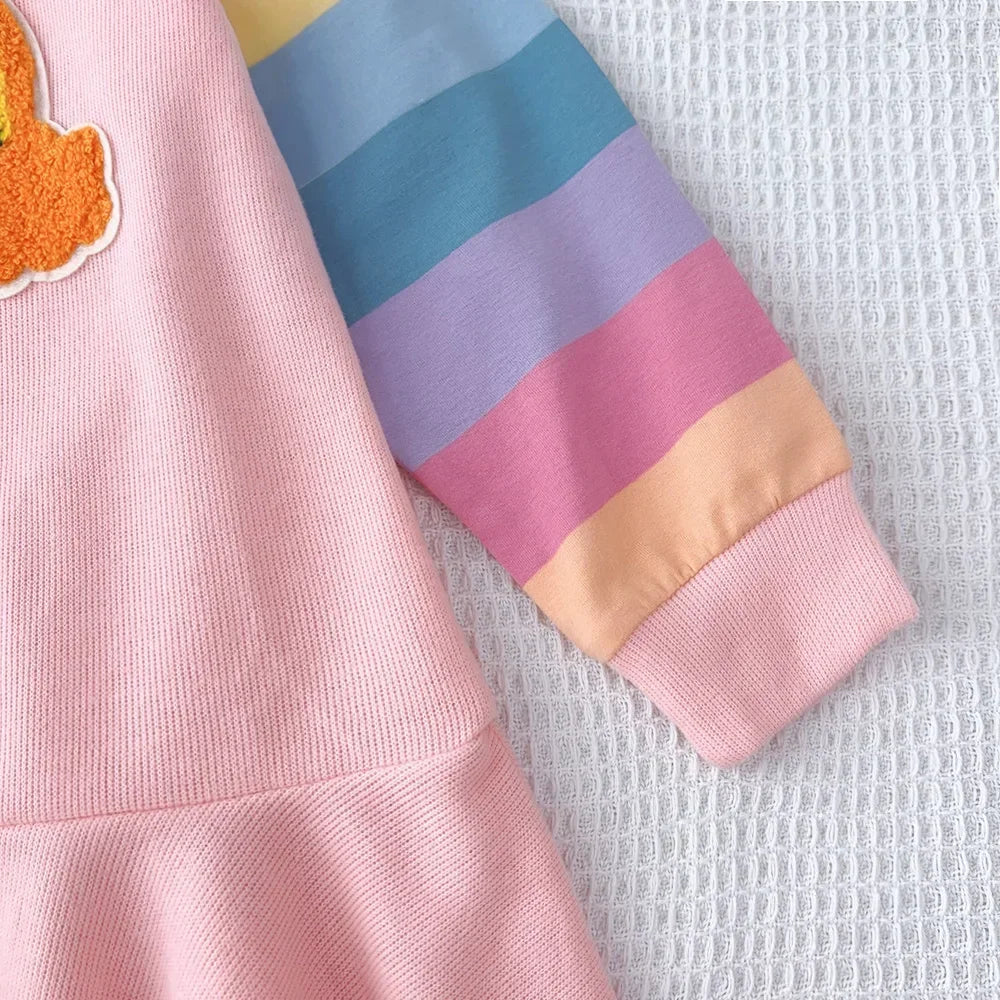 Autumn Rainbow Dress Baby Girls Party Princess Dress Korean Version Long Sleeves Kids Clothes Casual Hooded Sweatshirt Outfits