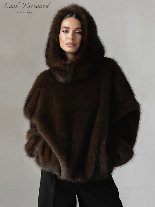 Luxury Faux Fur Hooded Pullovers Women's Loose Full Sleeve Stand Collar Pocket Coats 2025 New Autumn Winter Ladies Solid Outwear