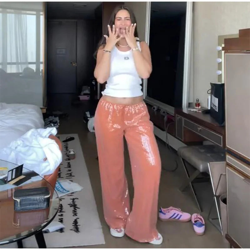 Women Sequin Pants Cinched Waist Glitter Baggy Straight Long Trousers