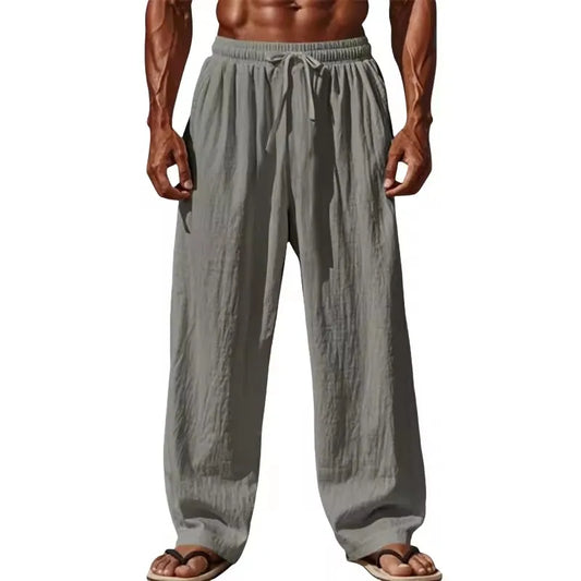 Men's Casual Linen Trousers Lightweight Breathable Loose Fit Drawstring Waist Summer Beach Wide Leg Pants