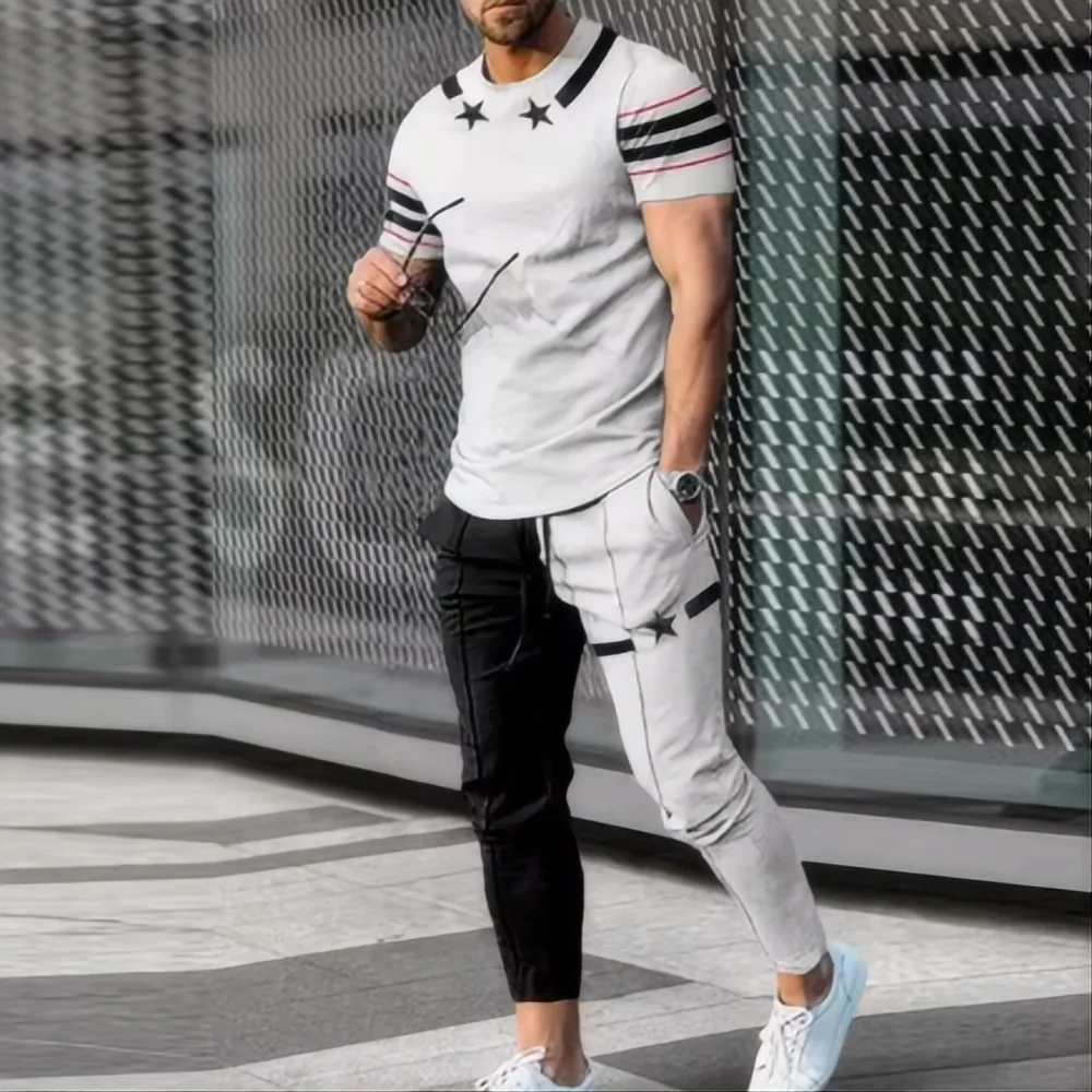 Men's sports set 2-piece jogging suit 3D printed summer fashion new style fun smile short sleeved men's T-shirt+pants