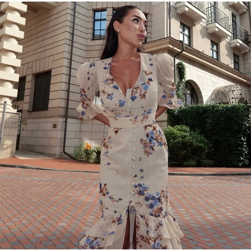 V Neck High Split Half Sleeve Slim Long Dress Print Waist Cinching Ruffle Hem Maxi Robes 2026 Women Party Vacation Vestidos