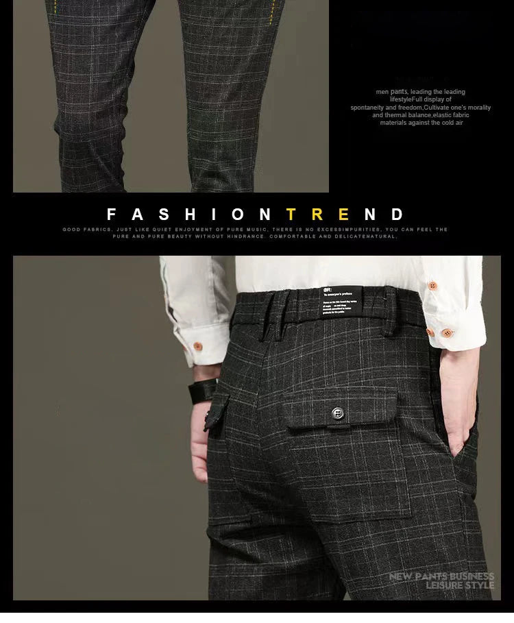 Fashion Black Grey Casual Trouses Mens Straight Fit Long Pants Striped Plaid Four Seasons High Quality Brand Business Trousers