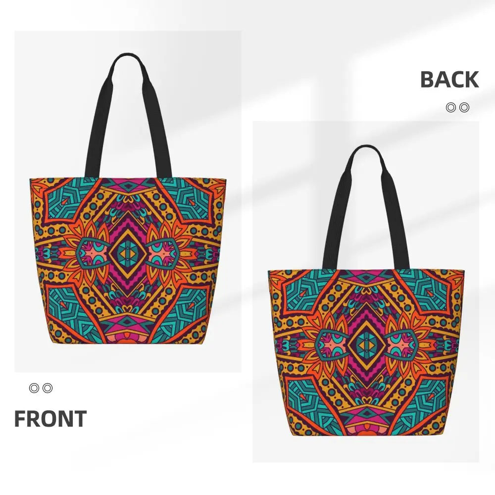 African Ankara Prints Grocery Shopping Tote Bags Women Geometric Ethnic Art Canvas Shoulder Shopper Bags Big Capacity Handbag