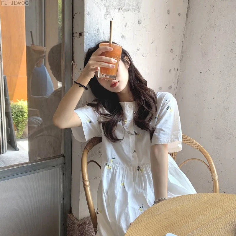 Loose Summer Cute Sweet Japanese Style Girls Flower Embroidery Retro Vintage Single Breasted Button Cotton Blends Shirt Dress