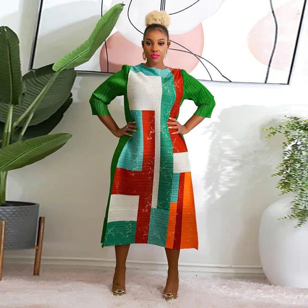 African Dresses for Women Summer Fashion Style African 3/4 Sleeve Polyester O-neck Pleated Dress Dashiki African Clothes Women