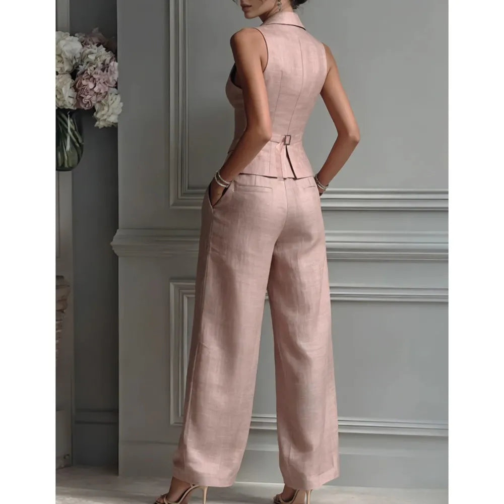 Summer New Fashion Single-breasted Sleeveless Top + Trousers 2-piece Set Women's 2026 Slim Vest Suit Collar Trousers Office Suit