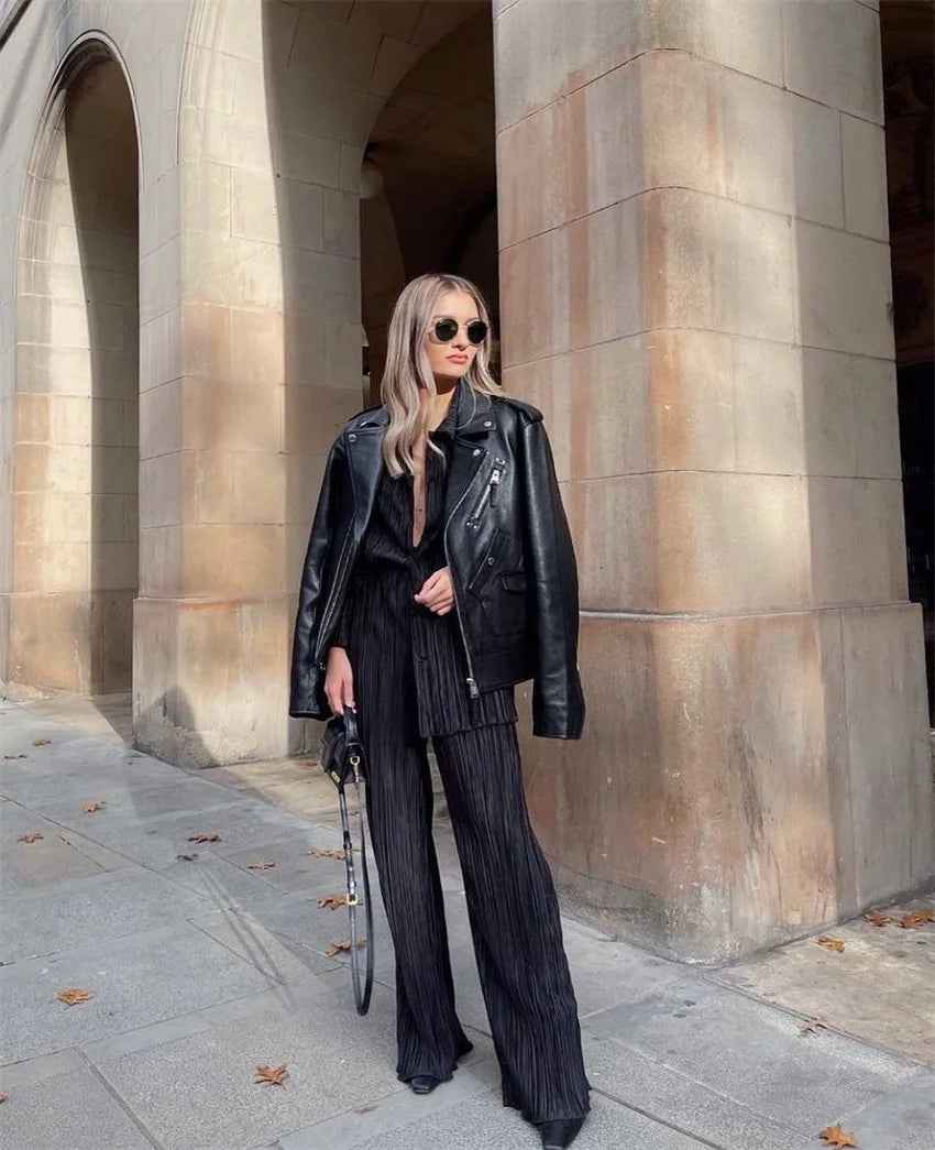 New Two Piece Set Women Outfits Pleated Women's Elegant  Drape Loose Sets Shirt High Waist Trousers Female Suit Fashion Casual